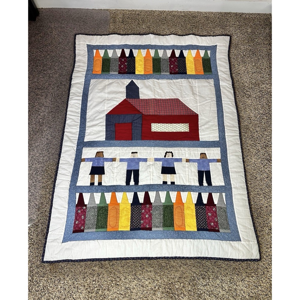 Vintage Handmade Schoolhouse Kids Crayons Patchwork Quilt Navy 48x36